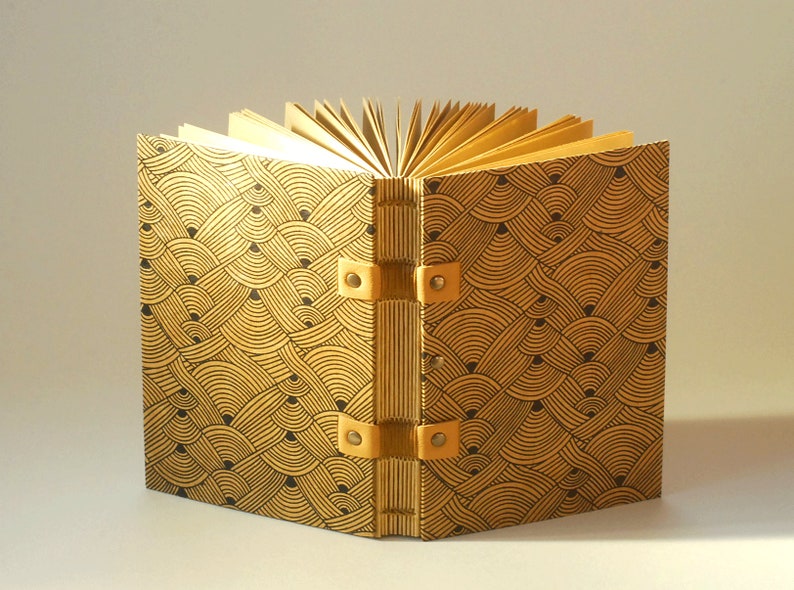 Travel notebook with caramel and black or ivory and black geometric patterns, this handmade notebook is made up of 120 pages of kraft paper image 1