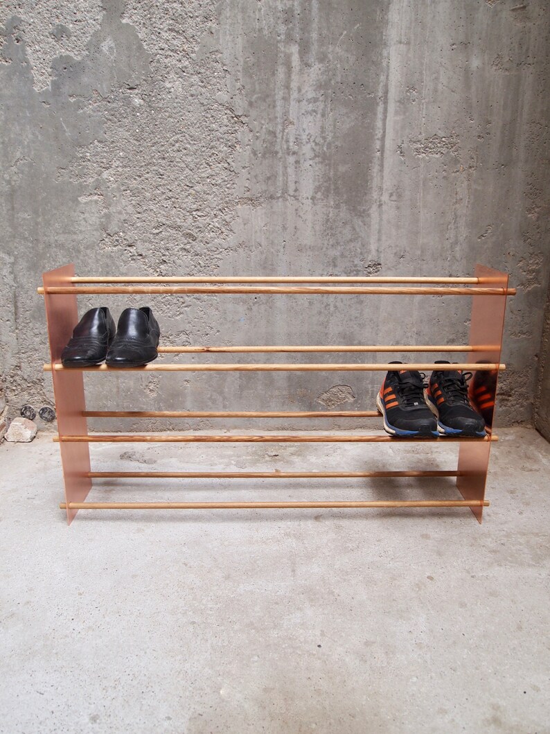 round wooden shoe rack on The Clean Lines Shoe Rack In Copper And Oak Schuhregal In Etsy
