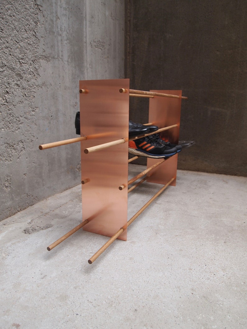 round wooden shoe rack on The Clean Lines Shoe Rack In Copper And Oak Schuhregal In Etsy