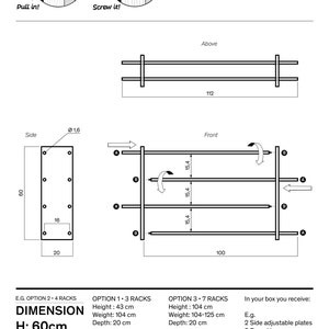 Op de afbeelding: Een zwart-witte lijntekening van een schoenrek montage-instructie. Het diagram toont de afmetingen van het schoenrek, dat 60 cm hoog, 112 cm breed en 20 cm diep is. Het diagram toont ook hoe het schoenrek in elkaar te zetten is, met instructies voor het schuiven en vastschroeven van de onderdelen.
