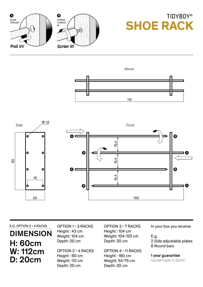Op de afbeelding: Een zwart-witte lijntekening van een schoenrek montage-instructie. Het diagram toont de afmetingen van het schoenrek, dat 60 cm hoog, 112 cm breed en 20 cm diep is. Het diagram toont ook hoe het schoenrek in elkaar te zetten is, met instructies voor het schuiven en vastschroeven van de onderdelen.