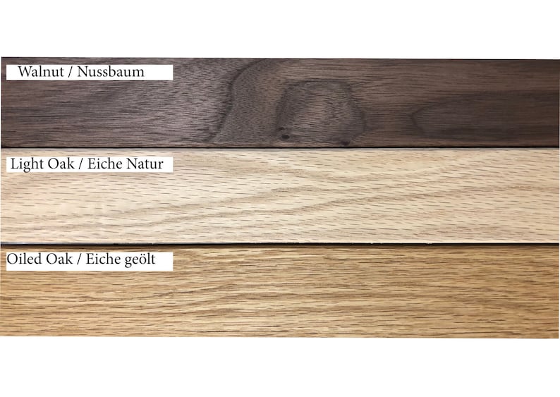 May include: Close-up of three wood samples: walnut, light oak, and oiled oak. The wood samples are arranged horizontally with the names of the wood types labeled above each sample.