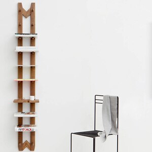 May include: A wooden ladder shelf with five shelves, each with a different color. The shelf is mounted on a white wall. A globe, a small lamp, and a white shelf unit are visible in the background.