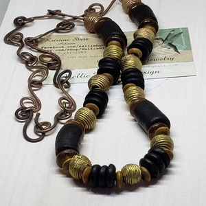 Handmade Black and Brass Krobo Bead Necklace with Handmade Brass Chain