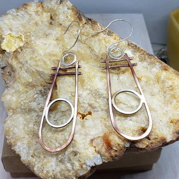 Art Deco Type Earrings Handforged in Copper and Sterling Silver