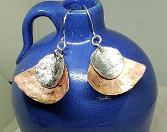 Hammered Fire Treated Curved Fan Earrings with Hammered Aluminum Circle and Handmade Earwires