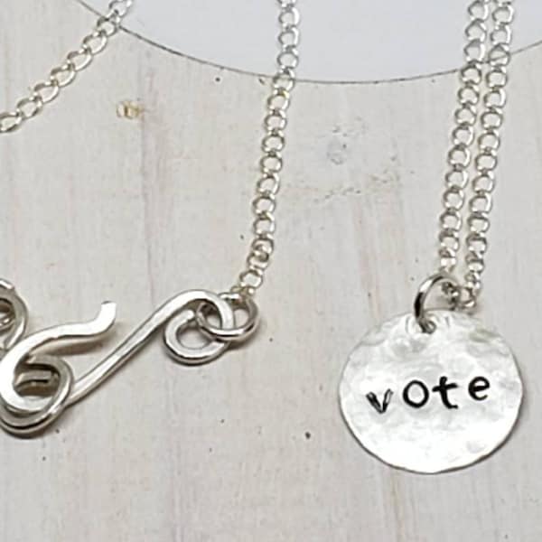 Handmade Handstamped Sterling Silver Vote Necklace with Sterling Silver Chain and Handmade Clasp and Link