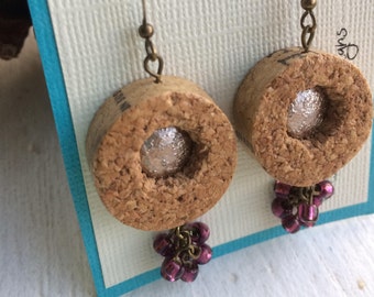 Round Recycled Wine Cork Earrings with Purple Grape Clusters