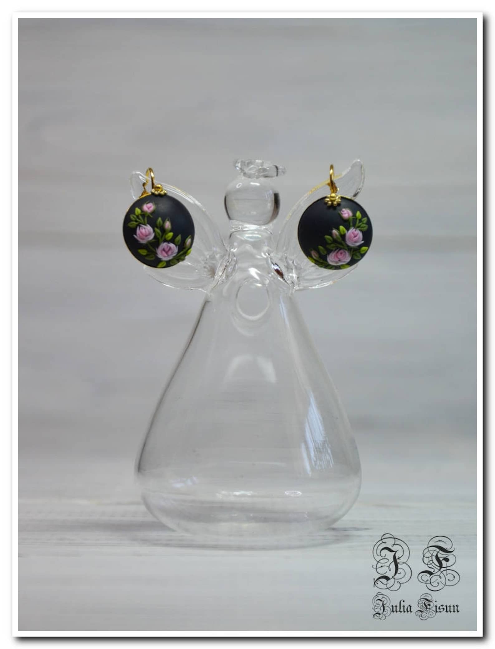 Pink rose earrings drop earrings black earrings floral | Etsy