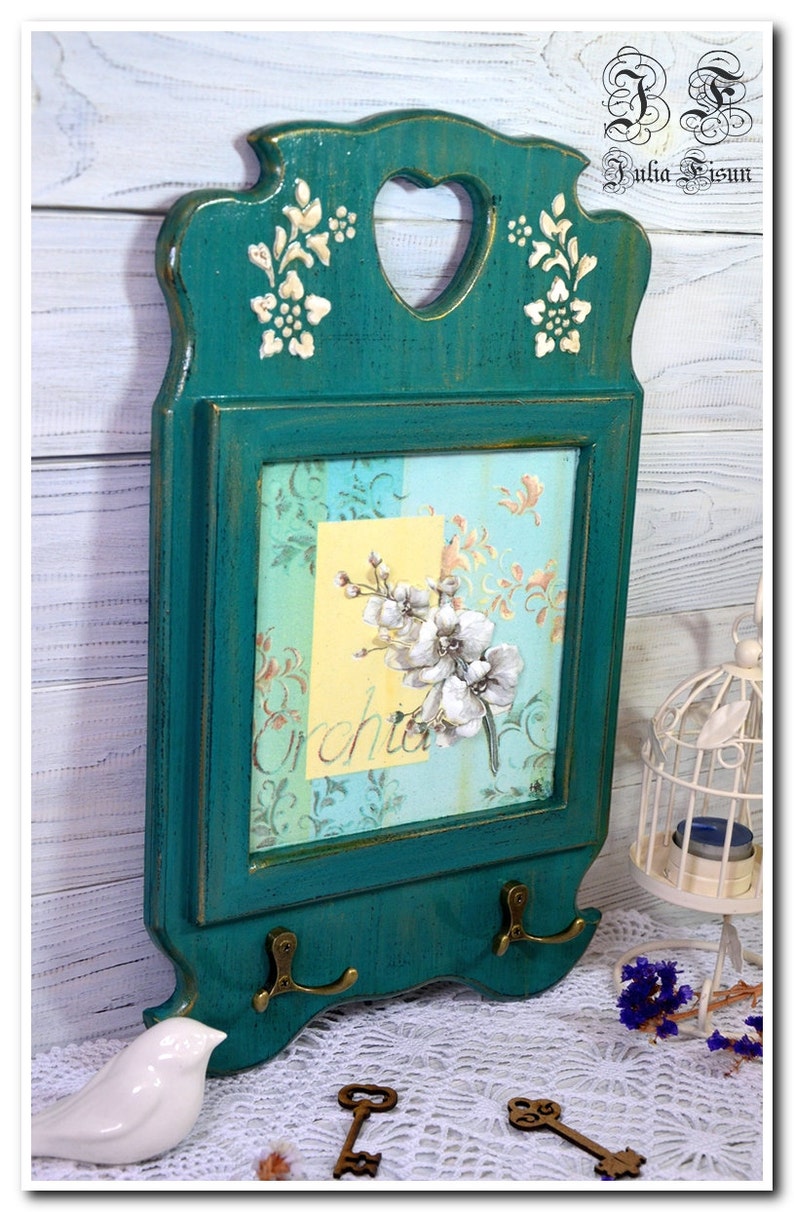 Turquoise Orchid Wall Key Holder Wooden Wall Decor Key Board Etsy