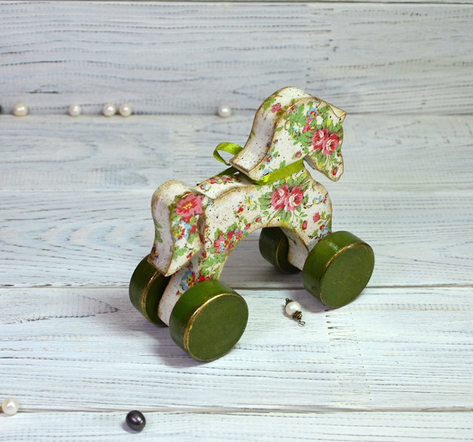 White Horse Figure Wood Toy Rolling Toy Rustic Home Decor Toy Etsy