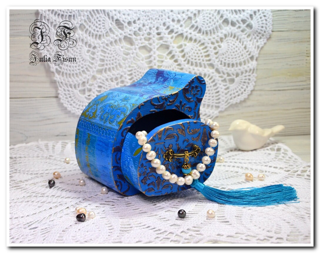 Blue Wood Box Jewelry Box Decoupage Box Storage Box Keepsake Etsy