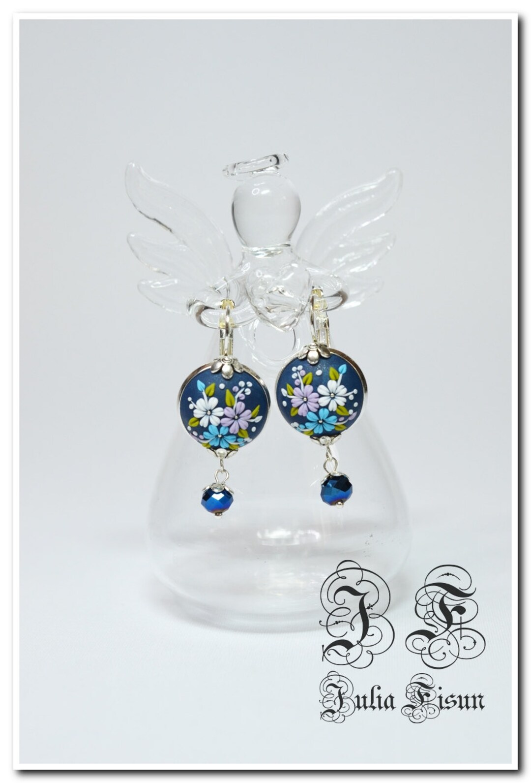 Dark Blue Dangle Earrings Foral Earrings Blue Earrings Drop Earrings