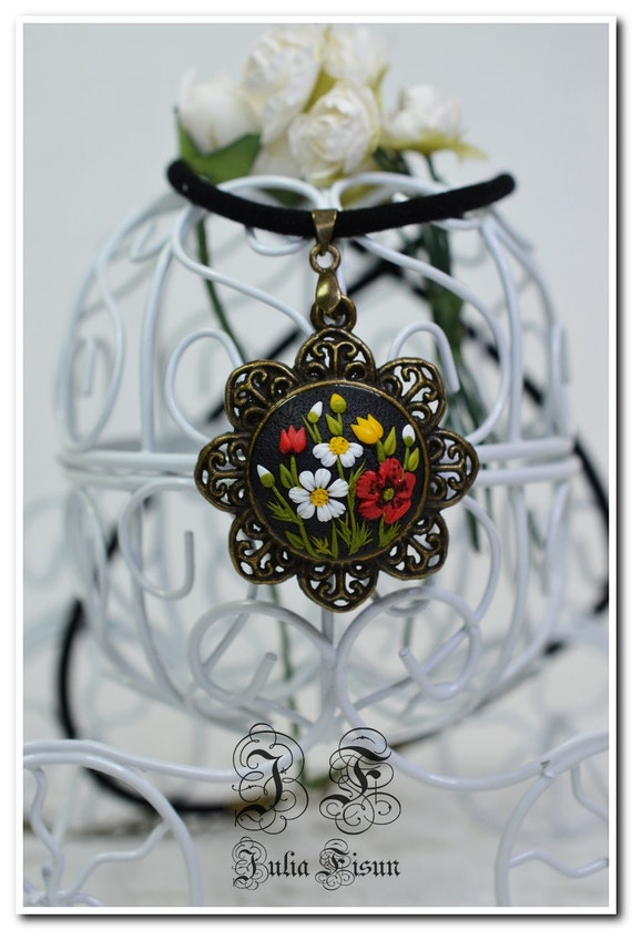 Items similar to Black Floral Pendant Wildflowers Necklace Feminine Necklace Polymer Clay