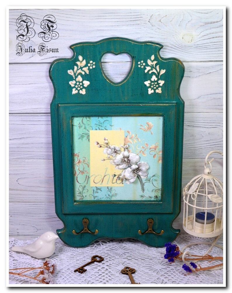 Turquoise Orchid Wall Key Holder Wooden Wall Decor Key Board Etsy