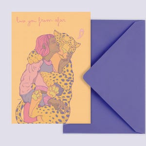 Grußkarte "love you from afar" Gelb - Karte Leopard - Postkarte Liebe - Fernbeziehung Karte - Postkarte mit lila Umschlag - PK-A6-130