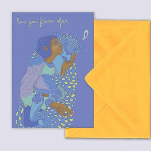 Grußkarte "love you from afar" Lila - Postkarte mit gelbem Umschlag - feministische Karte - Liebe Postkarte - Grußkarte Umarmung - PK-A6-129