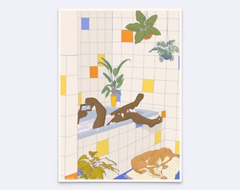 Kunstdruck "dream away" - feministisches Poster - Kunst Badezimmer - queer art print - Illustration Badewanne - Druck Hund - D-A5/A4/A3-107