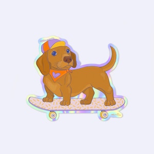 Sticker "good boy" -  Dackel Aufkleber - lustiger Hund Sticker - Dackel auf Skateboard - holographisch - S-KS-H-106