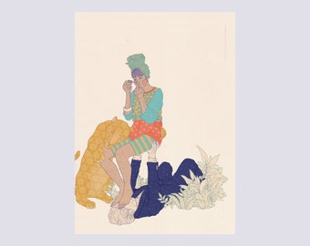 May include: A digital illustration featuring a person in a teal patterned top, orange shorts, and a headwrap, applying makeup. A large yellow feline rests beside them, while another figure in a dark blue suit lies beneath them among foliage.