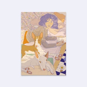 Kunstdruck "cozy mornings" - feministisches Poster - queer art print - Hunde Wandkunst - Podenco Illustration - Hundeliebe - D-A5/A4/A3-145