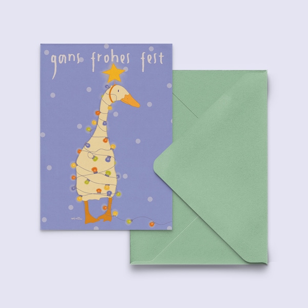 Cartolina di Natale "Oca Buon Natale", cartolina con busta verde salvia