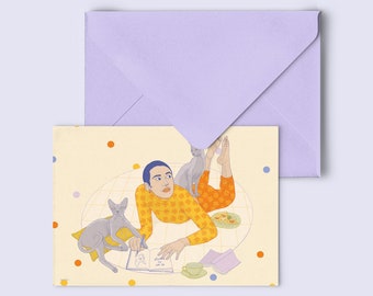 greeting card "cat person", postcard with envelope in lilac