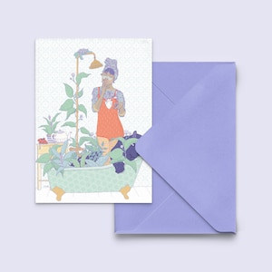 Grußkarte "bathtub, neu", Postkarte mit kornblumenblauem Umschlag