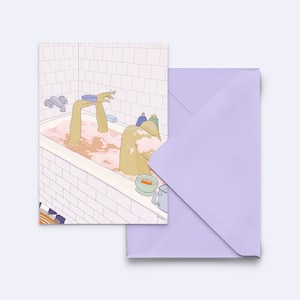 Grußkarte "go away!" - feministische Karte - self-care Postkarte - Wanne Karte - Postkarte mit fliederfarbenem Umschlag - PK-A6-115