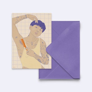 Grußkarte "self care is love" - feministische Postkarte - body hair don't care Karte - enby illustration - mit lila Umschlag - PK-A6-140