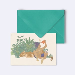 Grußkarte "growth" - Postkarte Selbstliebe - Karte Pflanzen - Leopard Illustration - mit Umschlag in meergrün - PK-A6-117