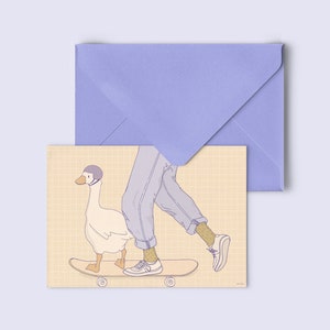 Grußkarte "skating around" - lustige Karte - Ente auf Skateboard Karte - Postkarte mit Umschlag in kornblumenblau - PK-A6-142