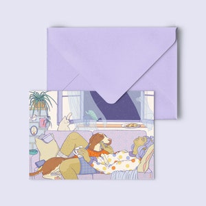 Grußkarte "just another love story" - Karte Freundschaft - Postkarte dog love - Sofa Illustration - mit fliederfarbenem Umschlag - PK-A6-127