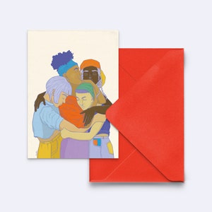 Grußkarte "togetherness" - feministische Karte - Kunst Freundschaft - queer card - Illustration Umarmung - mit rotem Umschlag - PK-A6-151