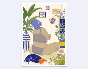 May include: A digital illustration of a person wearing a purple balaclava, a grey tank top, and grey underwear, sitting on a floral rug. The wall features a sign reading RIOTS NOT DIETS, a heart mirror, and framed art. A cat, plants, and a donut are present.