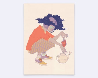 May include: A digital illustration featuring a person with dark, starry hair crouching while placing a red anatomical heart into a teapot. The person wears an orange cardigan, patterned pants, and sneakers. The background is a solid light cream color.