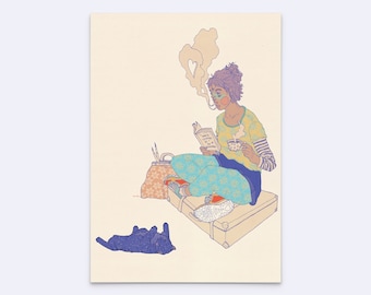May include: A line art illustration featuring a person sitting on a suitcase, reading a book and holding a cup. A dark blue cat lies on the floor nearby. Smoke rises from the cup and the person, forming a heart shape. The person wears patterned clothing.