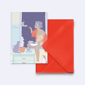 Postkarte "oh wondrous" - Tagträumen Illustration - Postkarte Lesen - Küche Karte - Karte mit rotem Umschlag - PK-A6-147