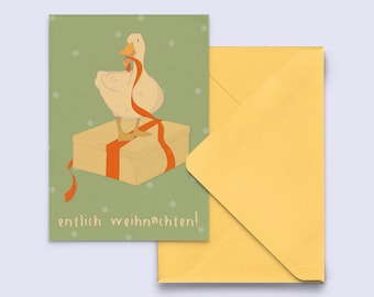 Christmas card "Entlich Weihnachten" - funny card - duck xmas card - pun xmas card - postcard with envelope in light yellow - PK-A6-180