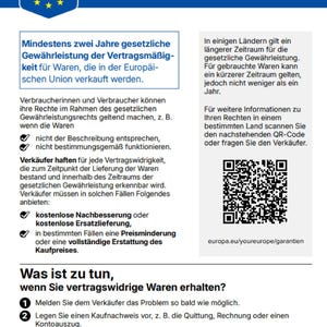 May include: An informational document titled GESETZLICHE GEW&Auml;HRLEISTUNG with a blue header featuring a shield icon and stars. It outlines European Union consumer rights, includes a QR code, and provides instructions on handling non-conforming goods.