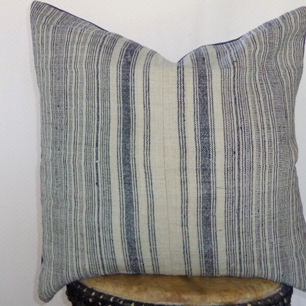 20x20Vintage Hmong Indigo Blue  Stripe Hemp Textile Boho Pillow Cover