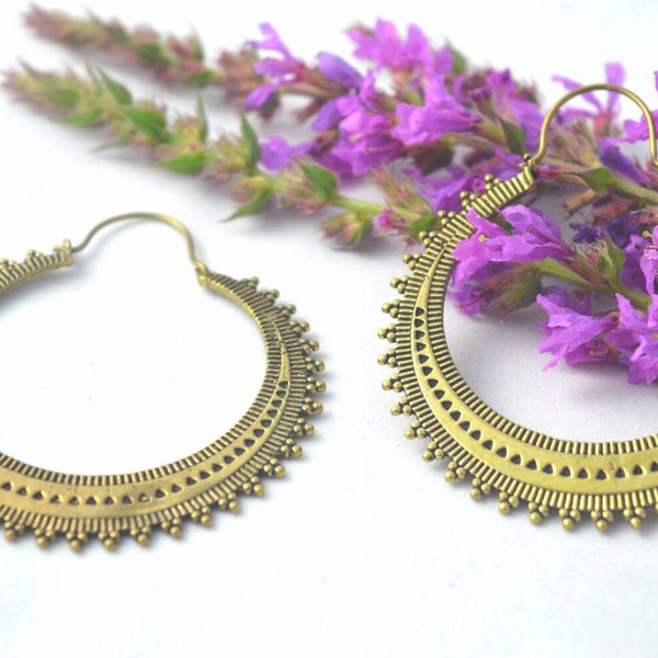 Large Indian tribal mandala earrings. brass earrings. bohemian earrings. ethnic earrings. hoop earrings. gypsy earrings