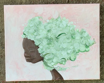 Sweet Pea marijuana strain cannabis black woman weed stoner pothead sweetchibababy 420 pink green brown 16x20 acrylic on canvas