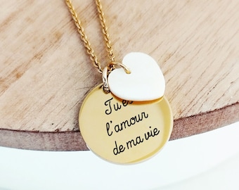 Collier Nacre Cœur Personnalisé, Collier médaillon prénom et pendentif nacre coeur, bijou personnalisé cadeau personnalisé femme enfant