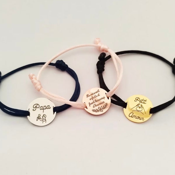 Bracelet cordon gravé personnalisé médaille gravée personnalisée prénom nom date message noeud coulissant Bracelet pastille 2 trous gifts