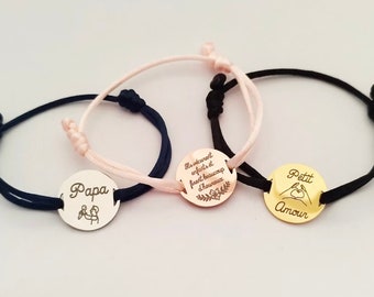 Bracelet cordon gravé personnalisé médaille gravée personnalisée prénom nom date message noeud coulissant Bracelet pastille 2 trous gifts