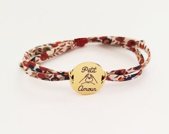 Bracelet liberty gravé personnalisé femme ou enfant cordon tissu liberty of London wiltshire, bijoux personnalisés, cadeau noël personnalisé