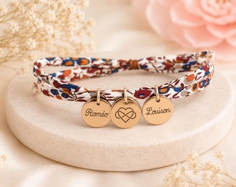 Bracelet Personnalisé médaille prénom gravé et cordon liberty, Cadeau personnalisé naissance Maman Marraine fête des mères Baby shower