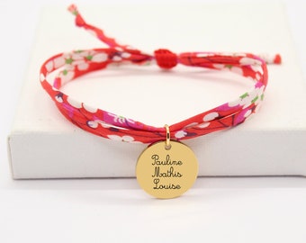 Cadeau personnalisé pour Maman, Bijou maman, Fête des mères, Bracelet Personnalisé Cordon Liberty mitsi gravé pour maman ou enfant