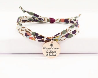 Cadeau personnalisé pour Maman, Bijou maman, Fête des mères, Bracelet liberty gravé personnalisé femme enfant cordon tissu liberty wiltshire